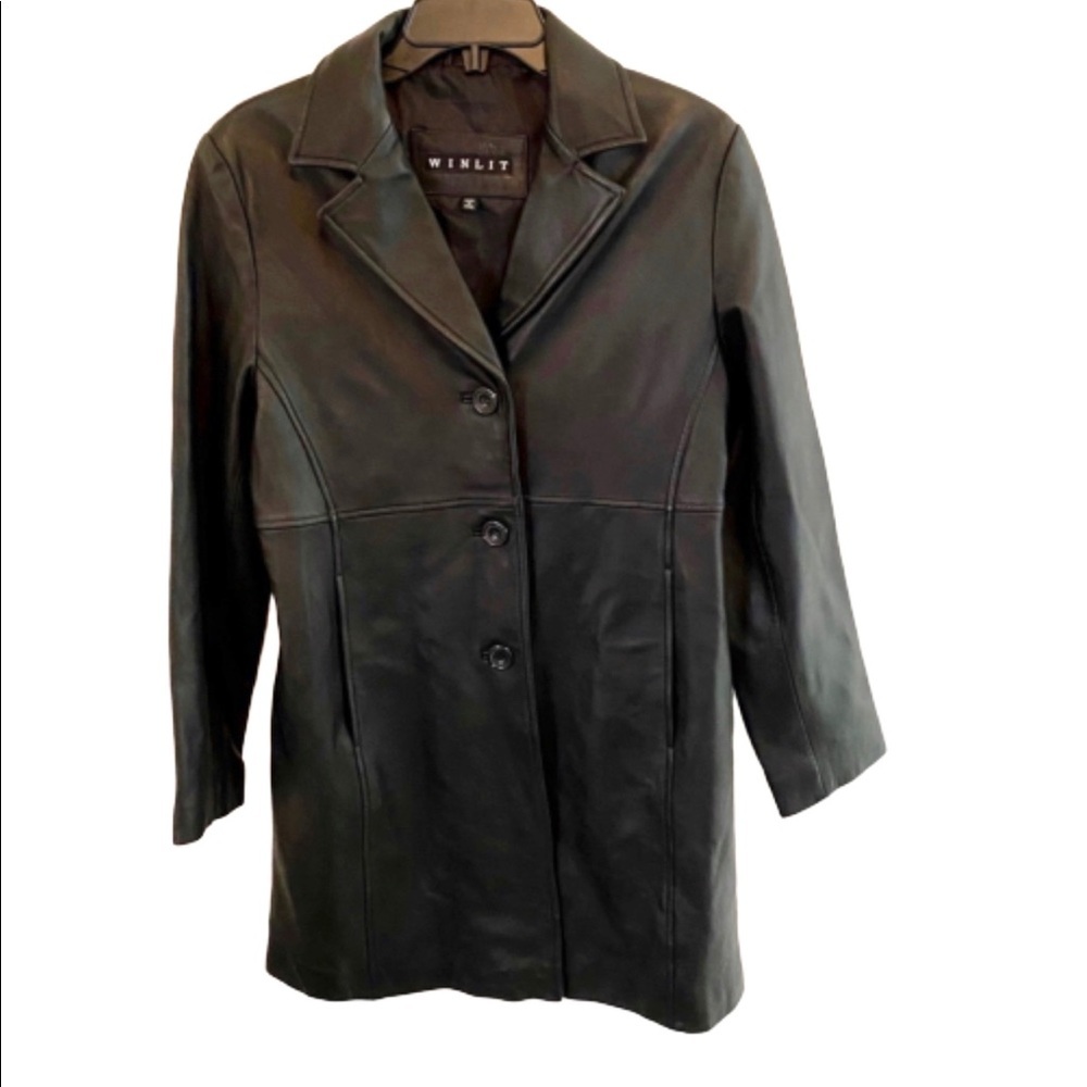 Winlit Women's Lined Black Button Up Leather Coat Size Small